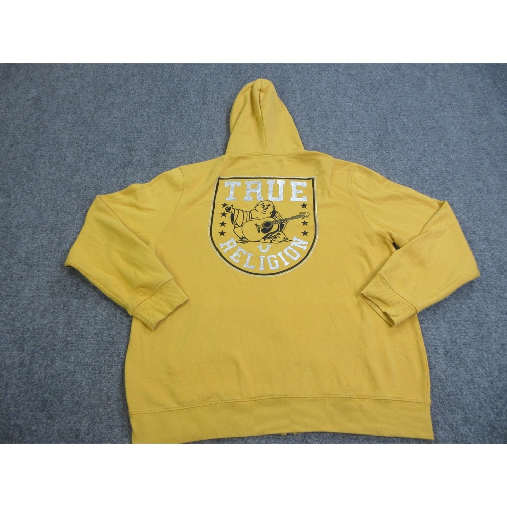 True Religion Hoodie Mens 2XL Yellow Full Zip Fleece Sweatshirt Buddha Star